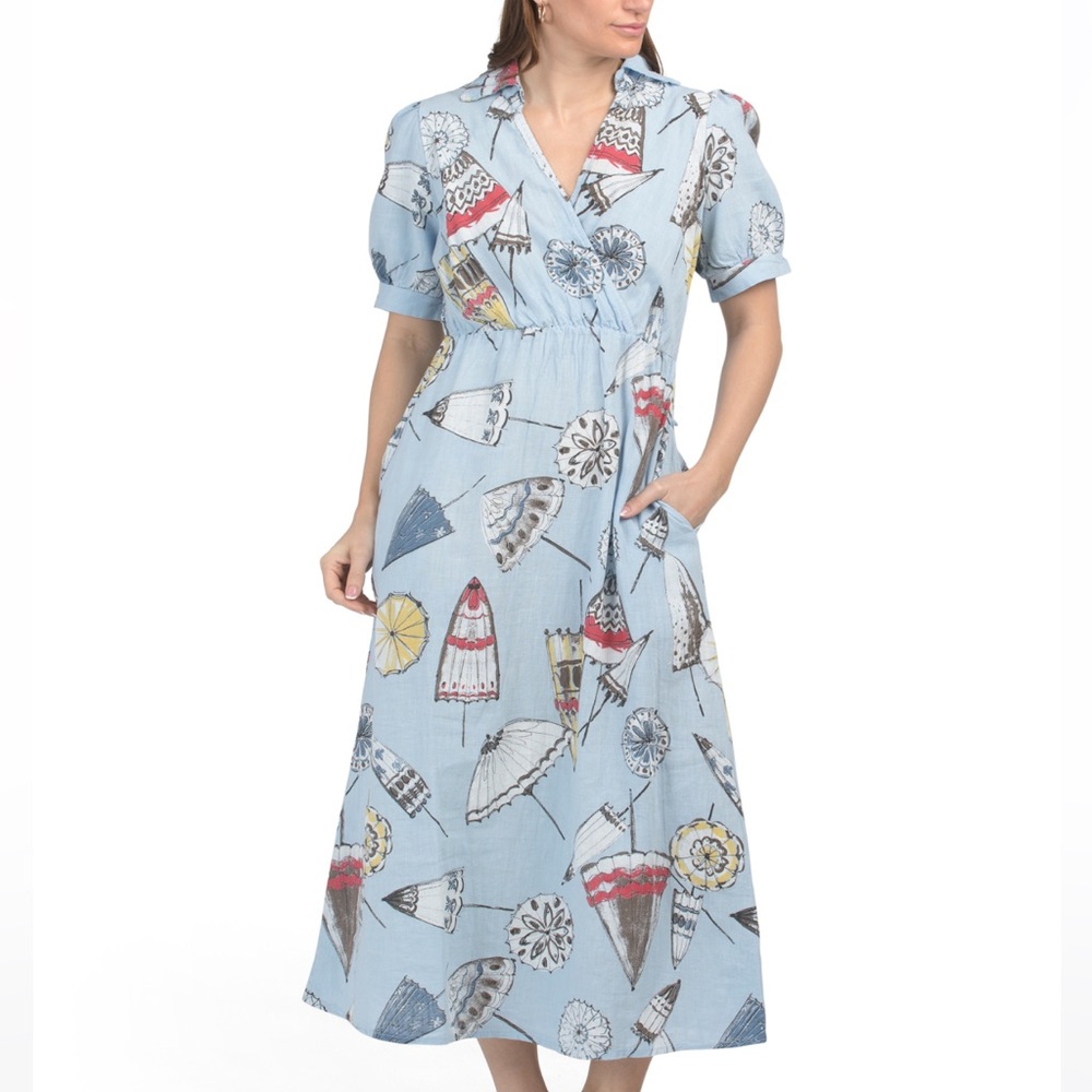 La Piccola Creativa Made In Italy Linen Blend Umbrella Print Blue Dress Size S